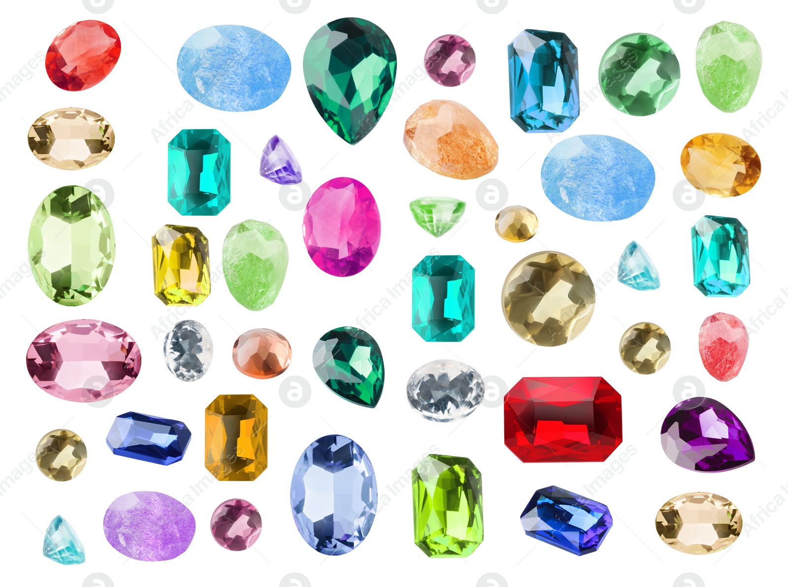 Image of Set of different shiny gemstones for jeweler isolated on white