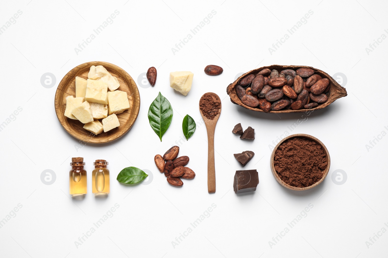 Photo of Composition with organic cocoa butter on white background, top view