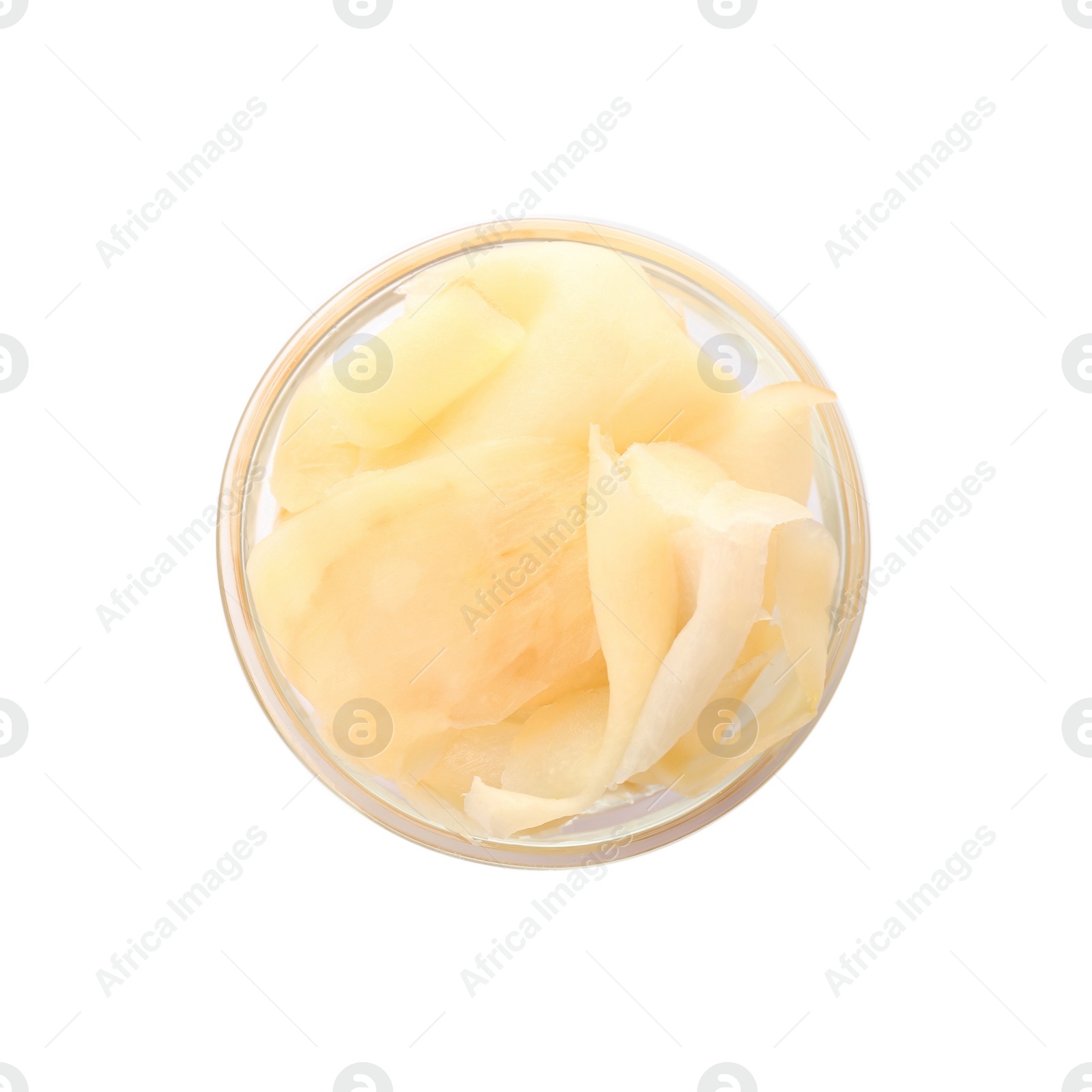 Photo of Pickled ginger in bowl isolated on white, top view