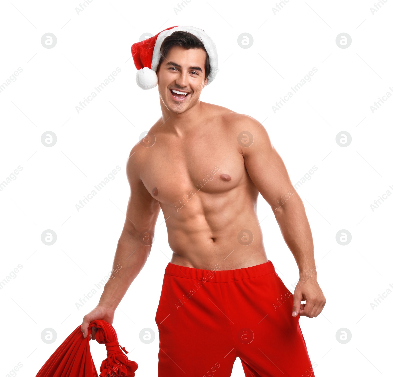 Photo of Sexy shirtless Santa Claus on white background