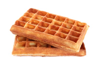 Photo of Two delicious Belgian waffles on white background