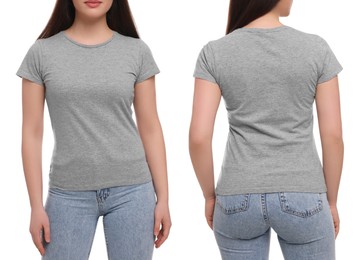 Image of Woman wearing casual grey t-shirt on white background, closeup. Collage with back and front view photos. Mockup for design