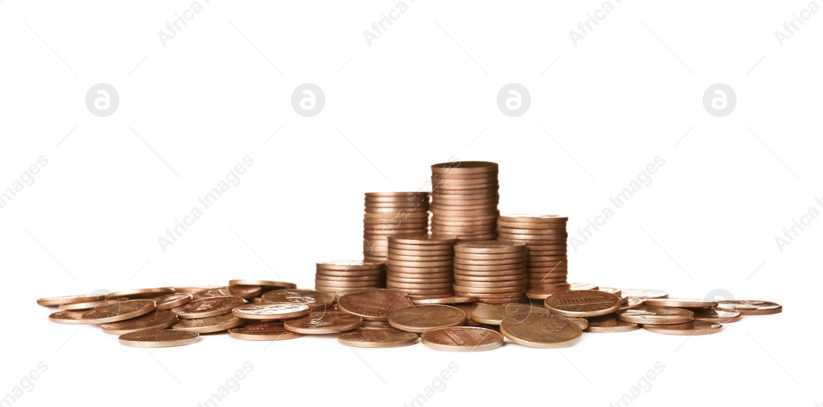 Photo of Pile and stacks of US coins isolated on white