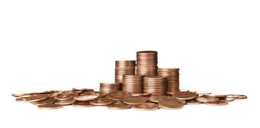 Pile and stacks of US coins isolated on white