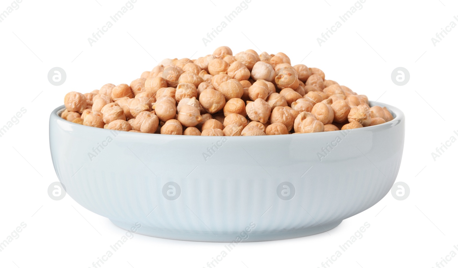 Photo of Raw chickpeas in bowl on white background