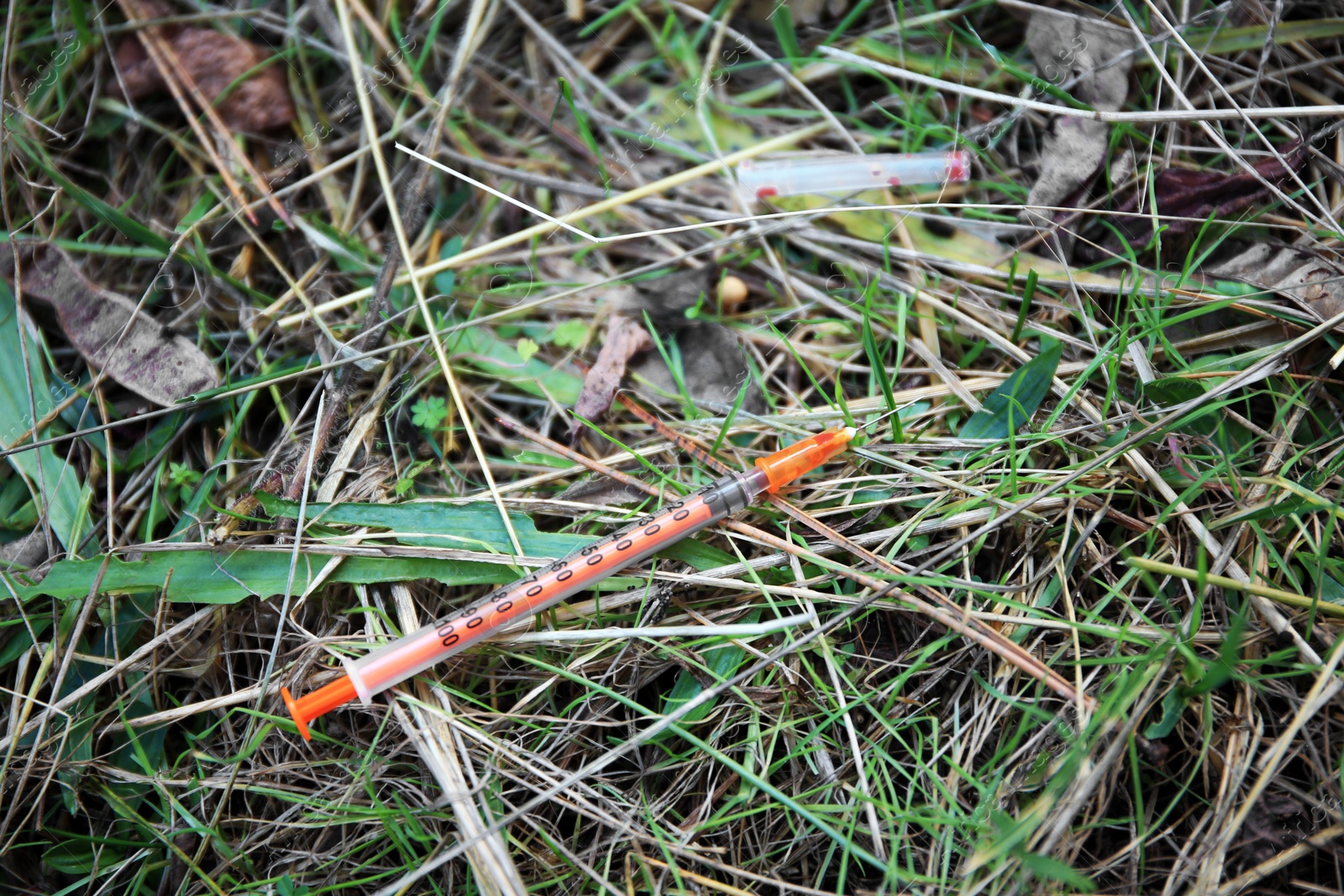 Photo of Empty disposable syringe with needle on green grass outdoors