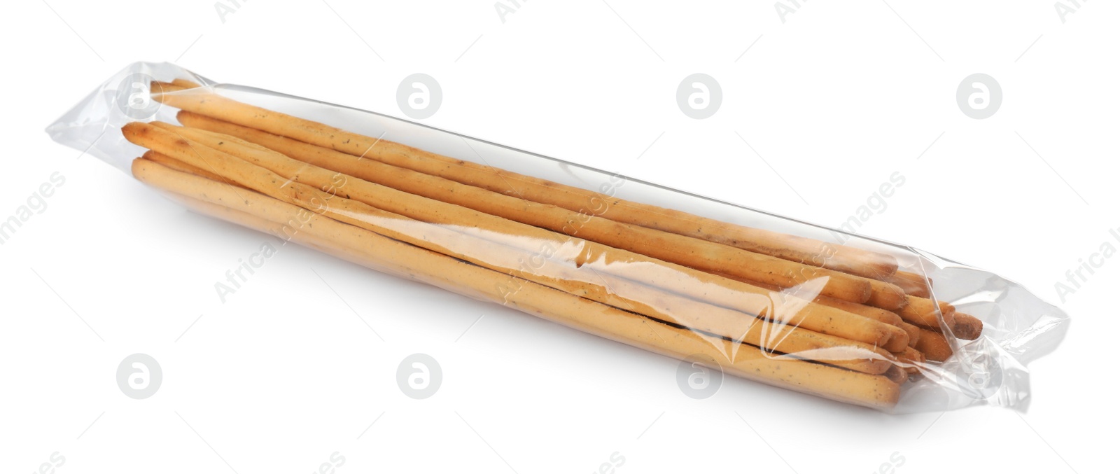 Photo of Fresh delicious grissini sticks on white background