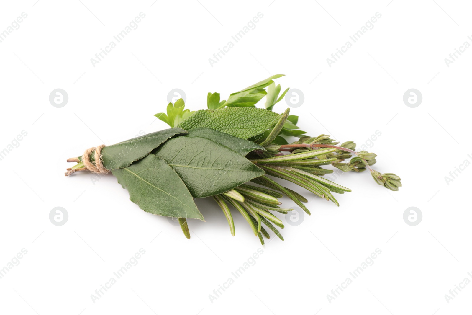 Photo of Bundle of aromatic bay leaves and different herbs isolated on white, top view