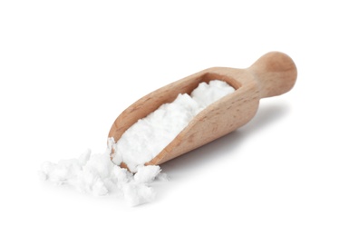 Photo of Scoop with corn starch on white background