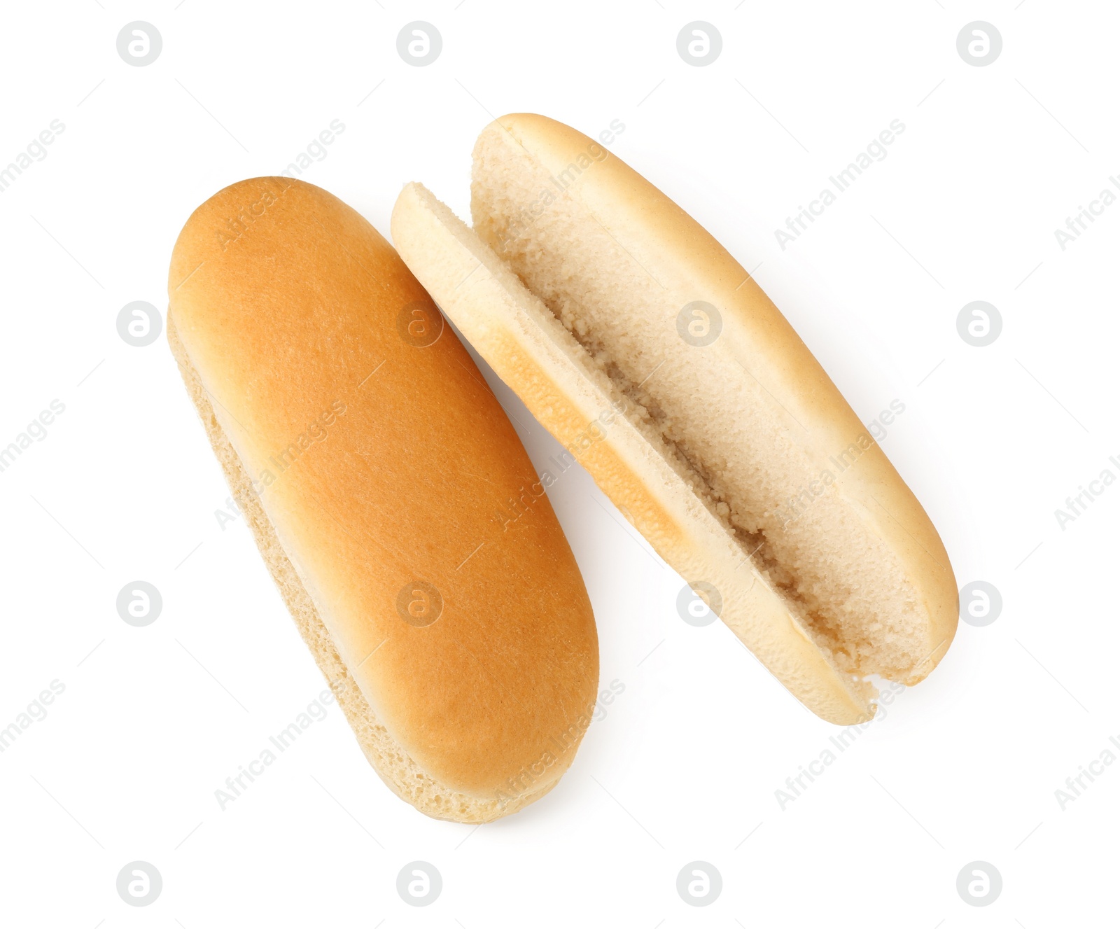 Photo of Two fresh hot dog buns isolated on white, top view