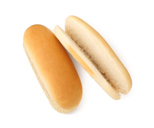 Photo of Two fresh hot dog buns isolated on white, top view