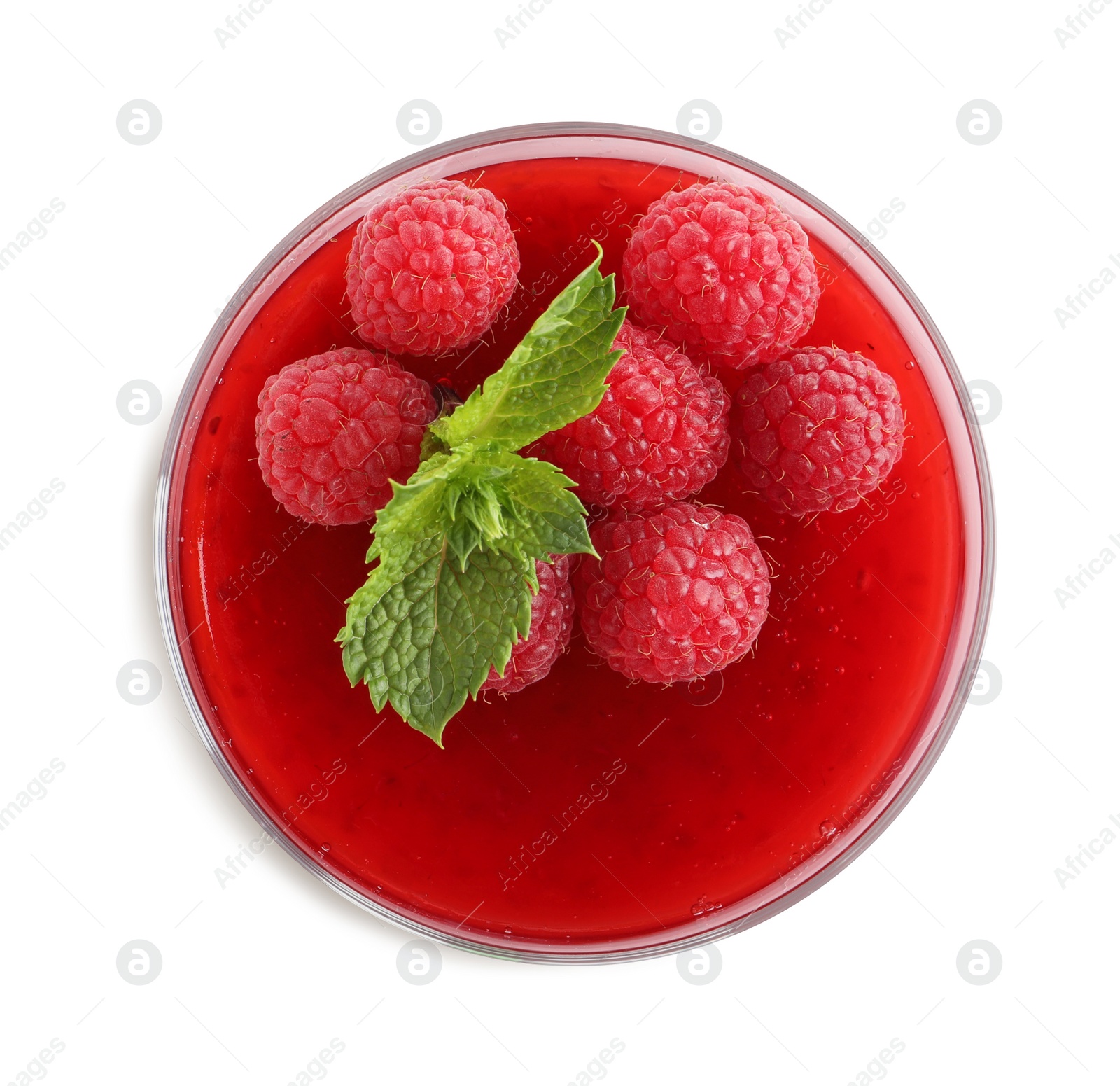 Photo of Delicious raspberry jelly with fresh berries and mint isolated on white, top view