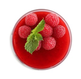 Photo of Delicious raspberry jelly with fresh berries and mint isolated on white, top view