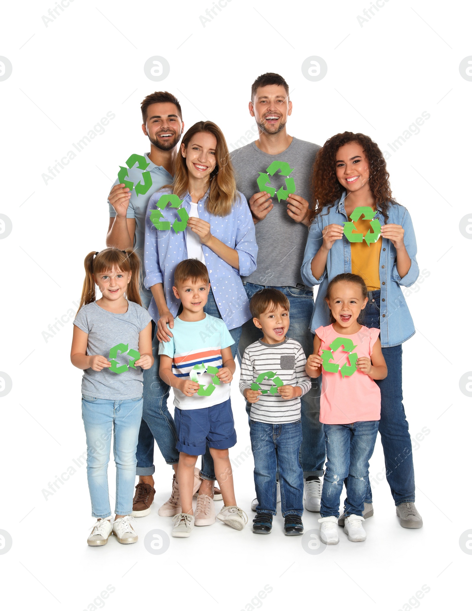 Photo of Group of people with recycling symbols on white background