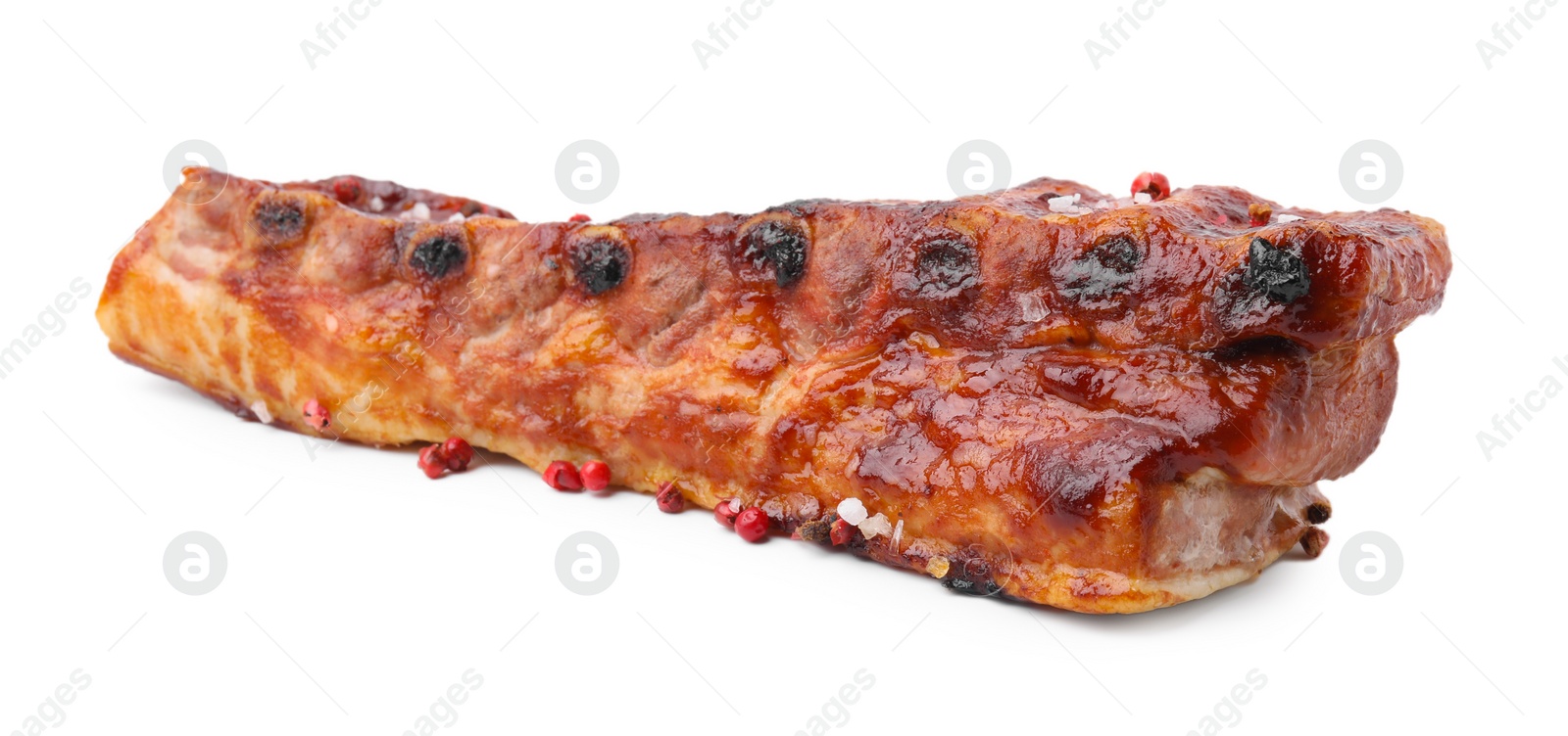 Photo of Tasty roasted pork ribs and peppercorns isolated on white