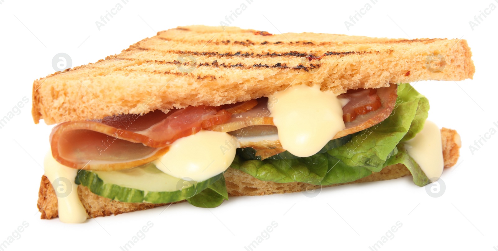 Photo of Delicious sandwich with vegetables, ham and mayonnaise