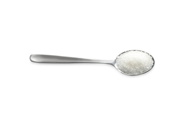 Granulated sugar in spoon isolated on white, top view