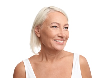 Mature woman with beautiful face on white background