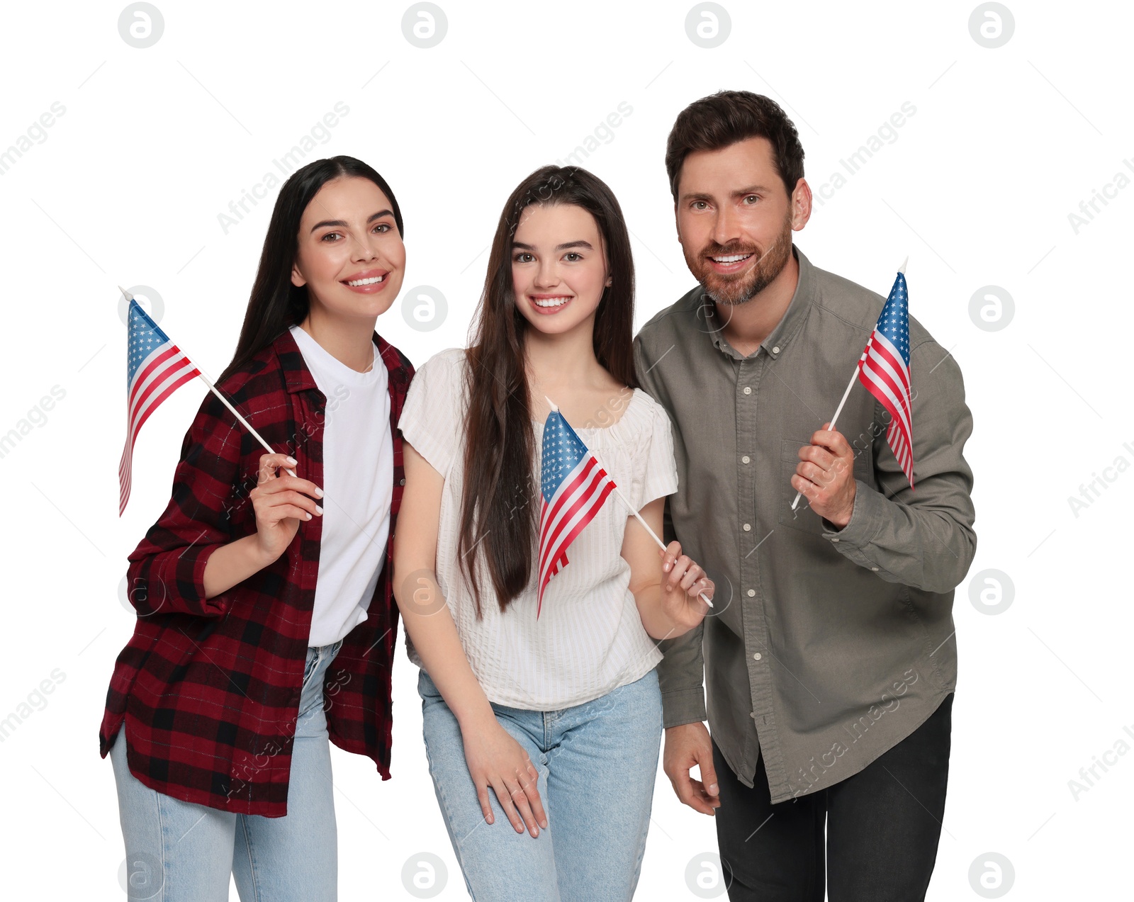 Image of 4th of July - Independence day of America. Happy family with national flags of United States on white background