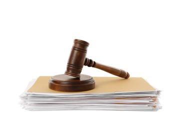 Photo of Yellow files with documents and wooden gavel on white background