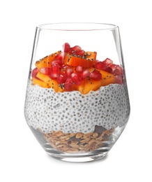 Photo of Glass of tasty chia seed pudding with granola, persimmon and pomegranate isolated on white