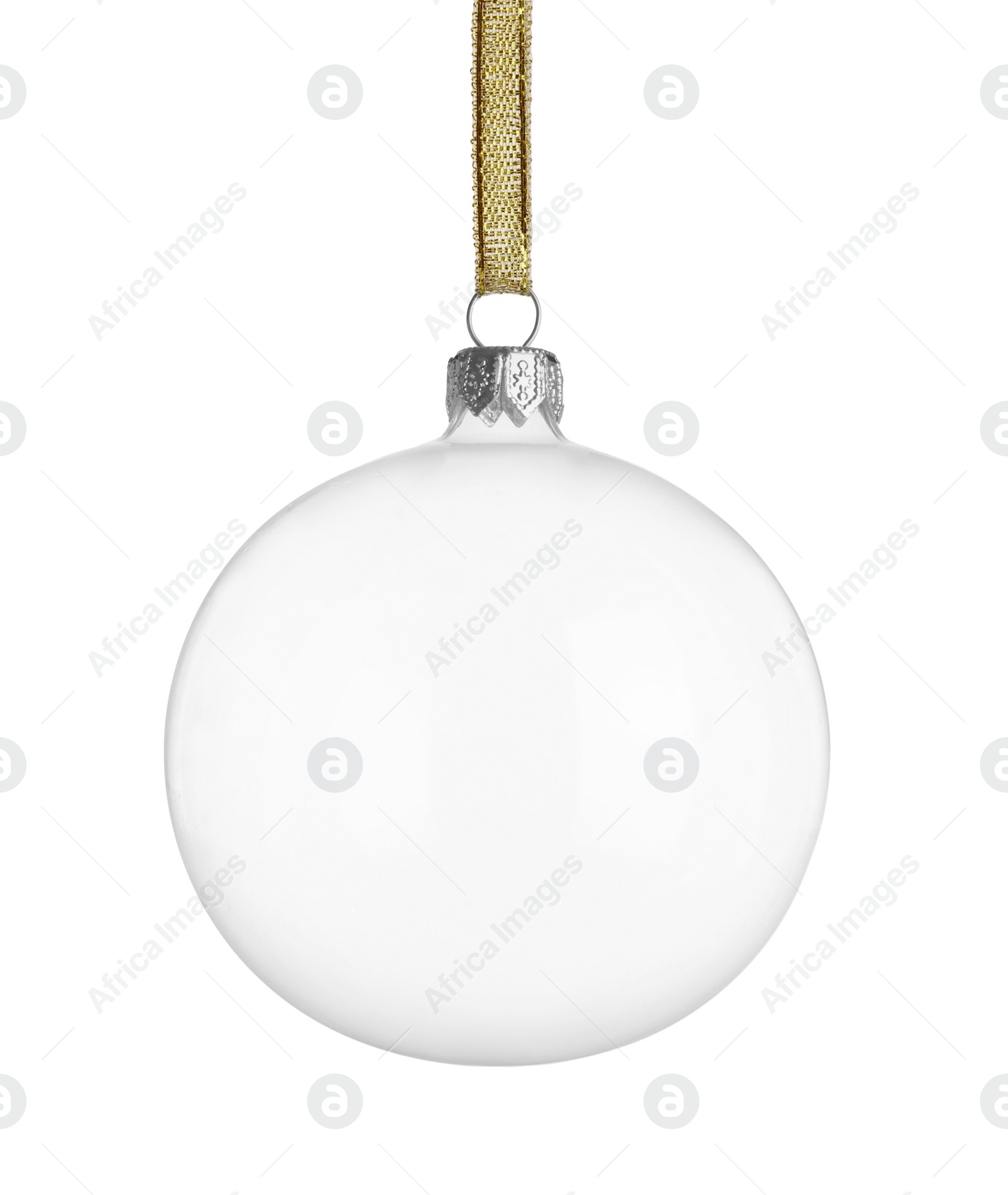 Photo of Transparent glass Christmas ball with golden ribbon isolated on white