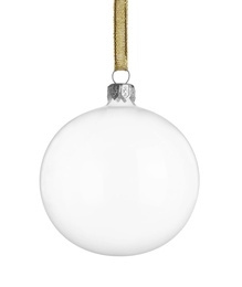 Photo of Transparent glass Christmas ball with golden ribbon isolated on white