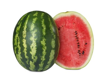 Whole and cut fresh juicy watermelons isolated on white