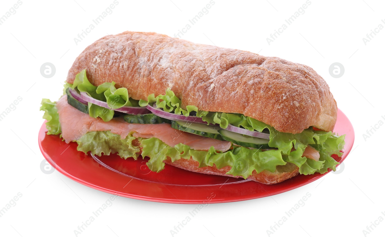 Photo of Delicious sandwich with fresh vegetables and salmon isolated on white