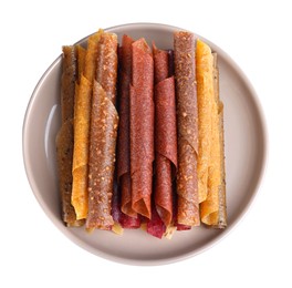 Delicious fruit leather rolls on white background, top view