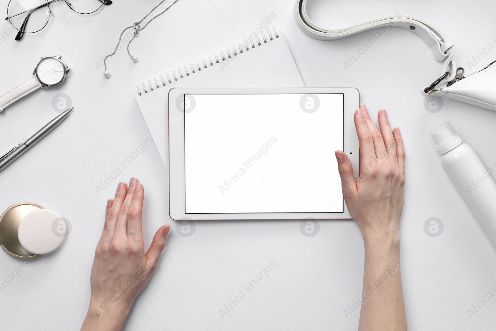 Photo of Woman with modern tablet on white background, top view. Space for text