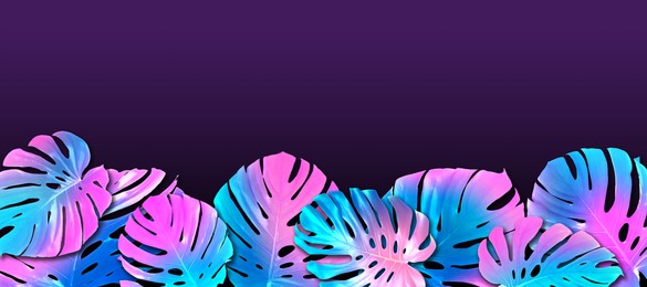 Image of Tropical leaves in neon colors on purple background, banner design. Space for text
