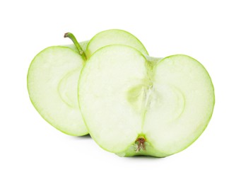 Photo of Halves of ripe green apple on white background