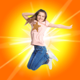 Image of Preteen girl jumping on colorful background. School holidays