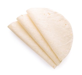 Photo of Delicious folded Armenian lavash on white background, top view