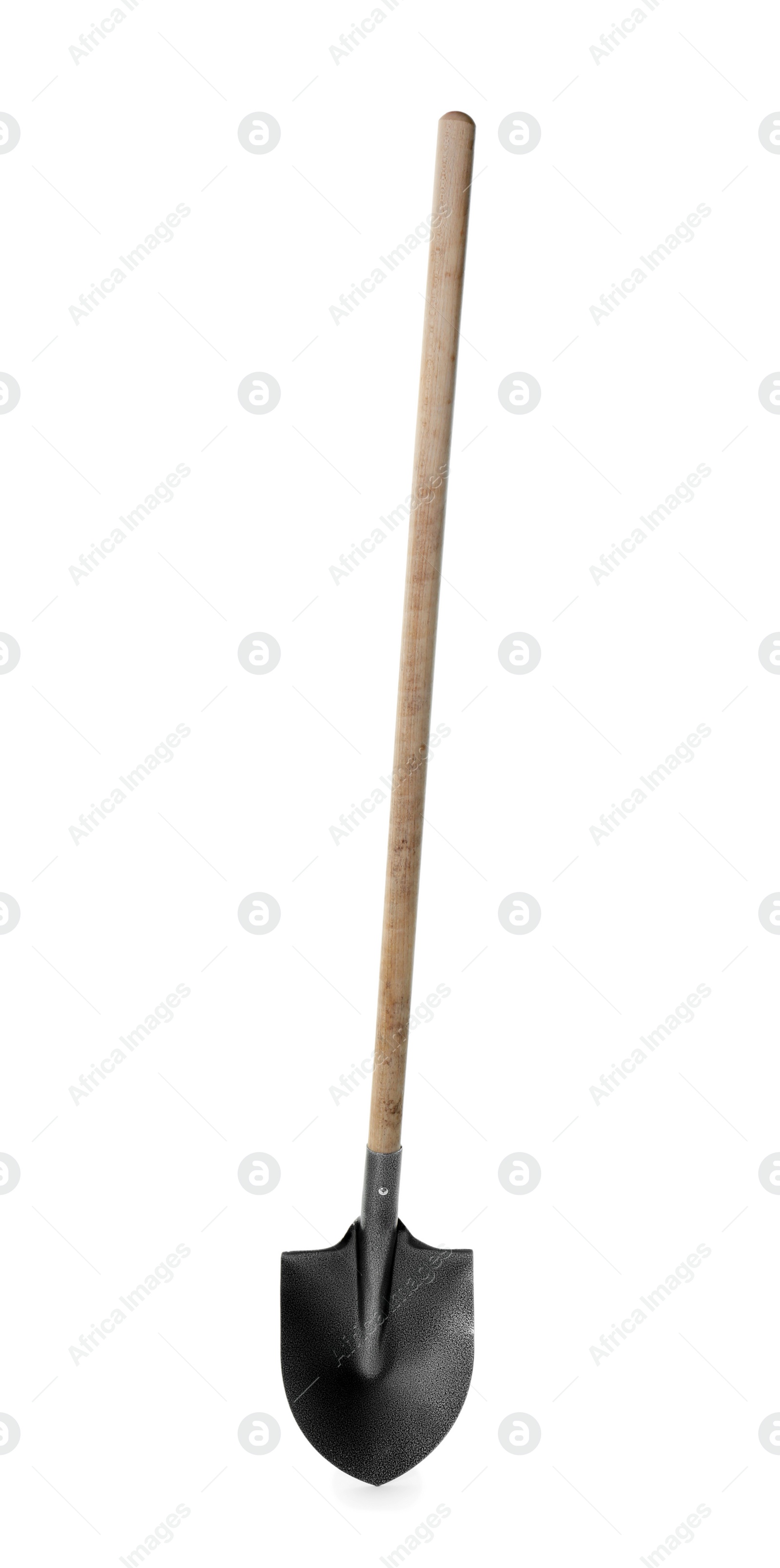 One shovel with wooden handle isolated on white Photo of One shovel with wooden handle isolated on white