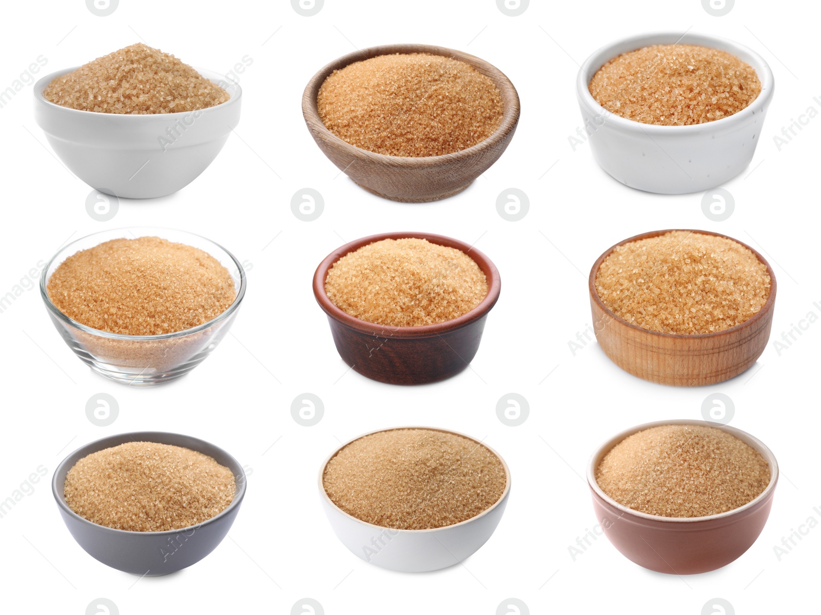 Image of Bowls of brown sugar on white background