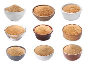 Bowls of brown sugar on white background