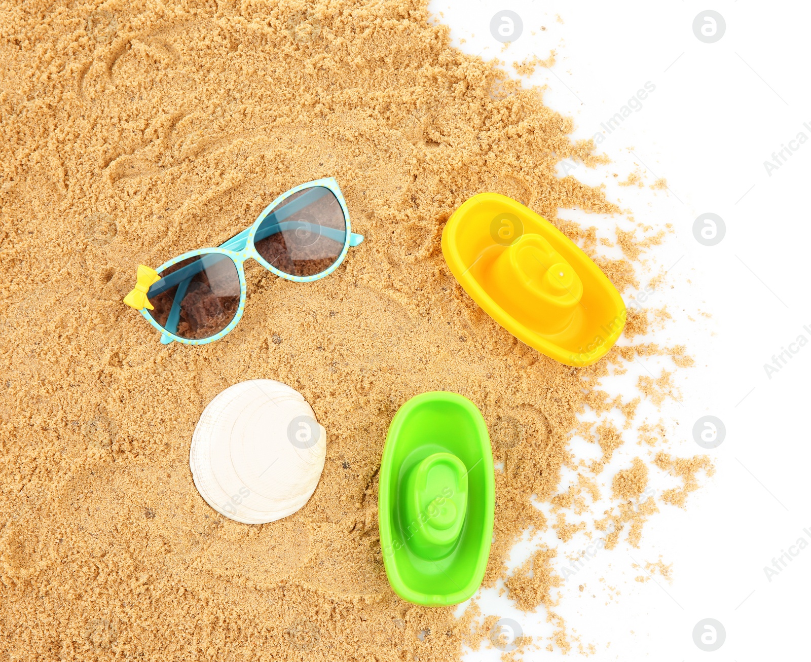 Photo of Composition with beach objects on white background, top view