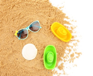 Photo of Composition with beach objects on white background, top view