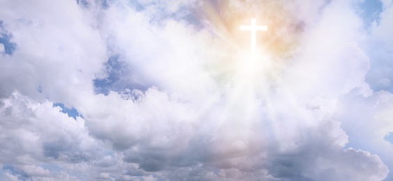 Image of Cross silhouette in sky with clouds, banner design. Resurrection of Jesus