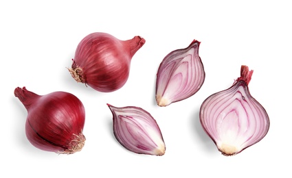 Photo of Beautiful composition with ripe red onions on white background