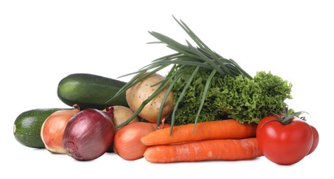 Heap of fresh ripe vegetables on white background