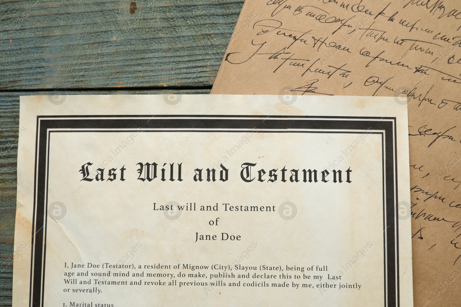 Photo of Last Will and Testament with letter on rustic wooden table, top view