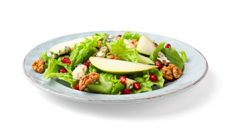 Photo of Delicious pear salad with lettuce, blue cheese, pomegranate and walnuts isolated on white