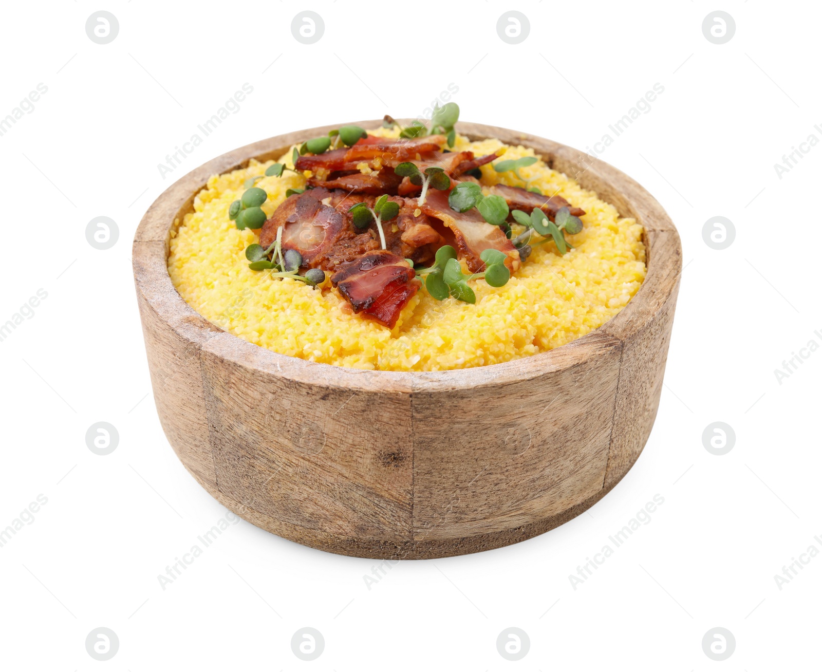 Photo of Cooked cornmeal with bacon and microgreens in wooden bowl isolated on white