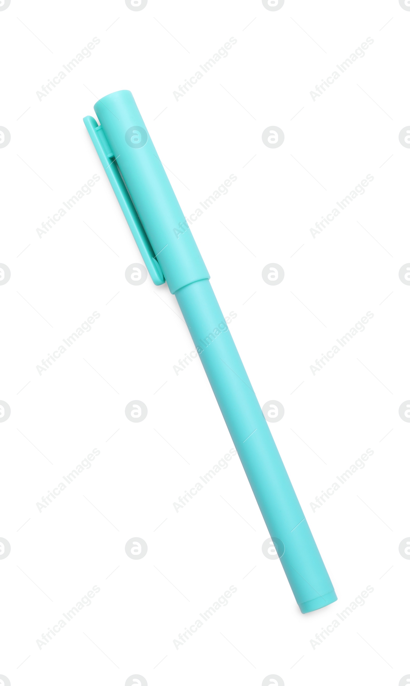 Photo of One turquoise marker on white background, top view