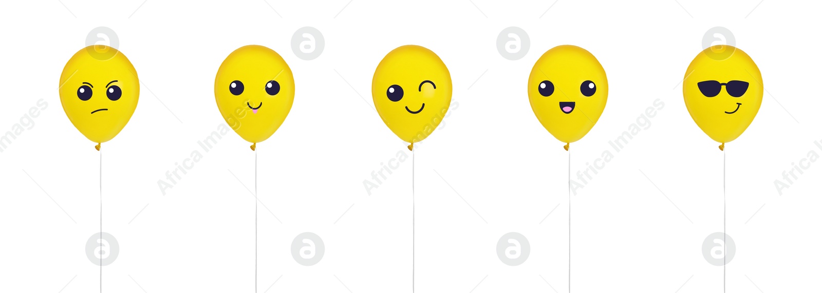 Image of Set of balloons with different emoticons on white background. Banner design