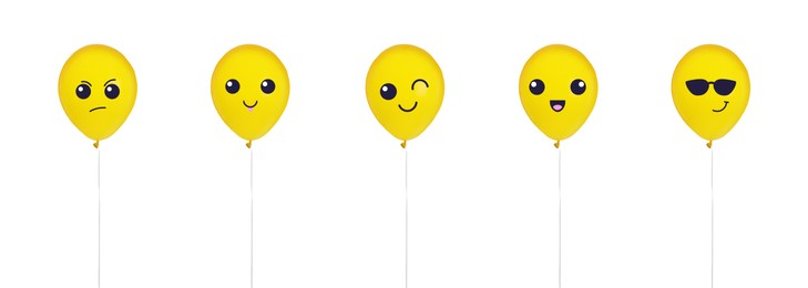 Image of Set of balloons with different emoticons on white background. Banner design