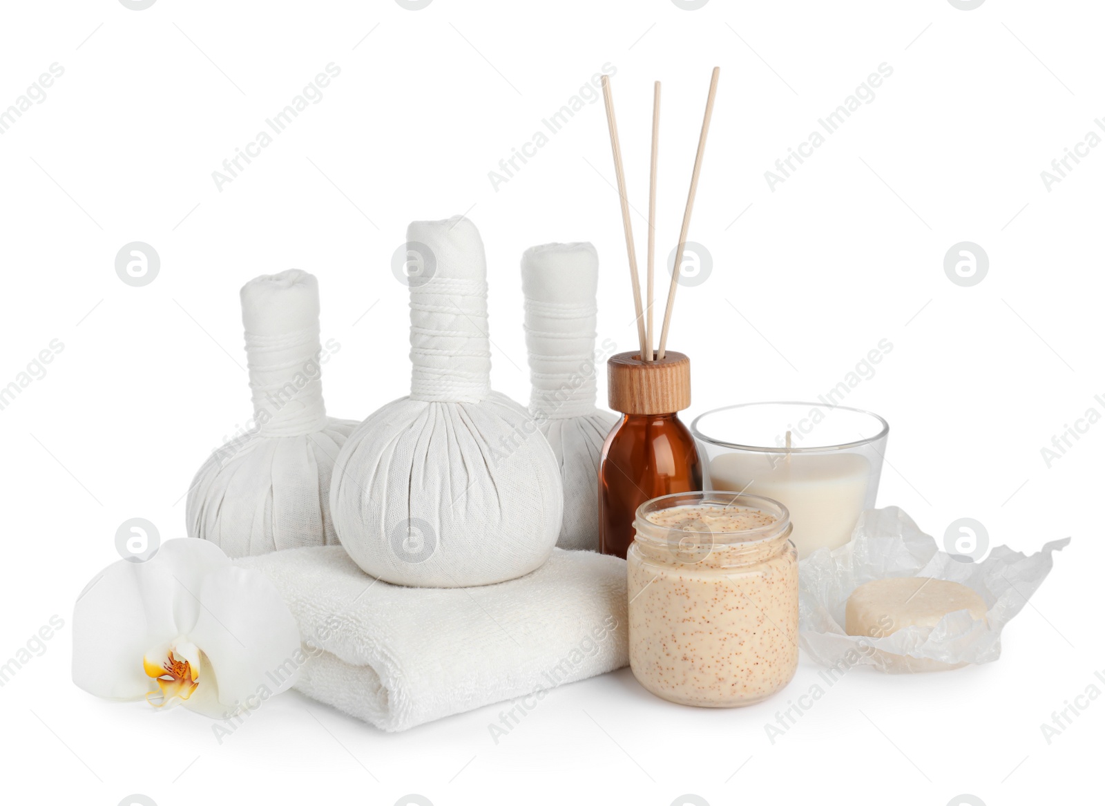 Photo of Beautiful spa composition with different body care products isolated on white